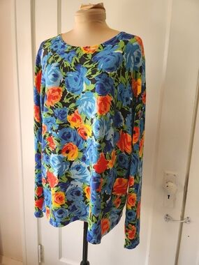 Jones New York 74% Silk Roses Long Sleeve Knit Top 1X Blue/Orange